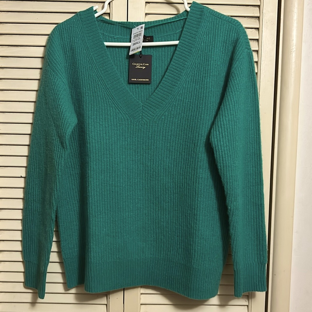Charter club luxury 100% Cashmere teal V neck sweater small